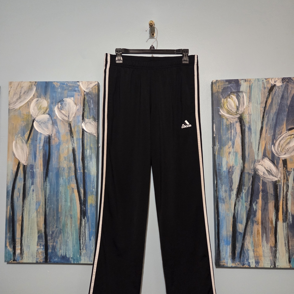 Adidas Black Track Pants with White/Pink Side Stripes